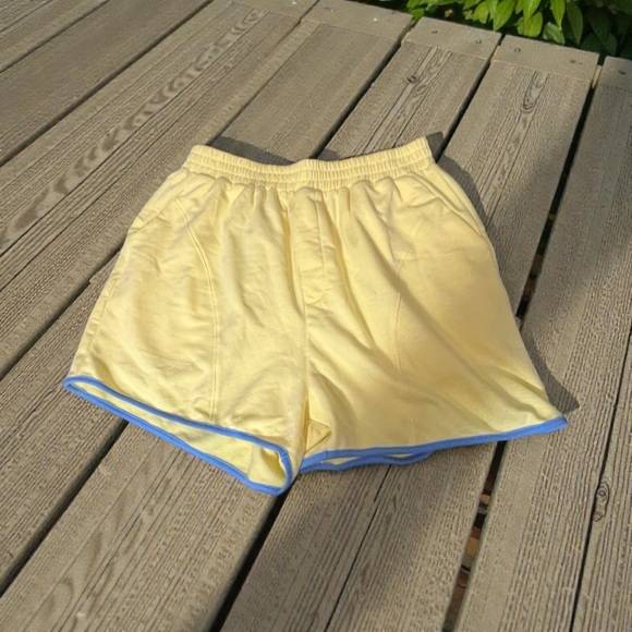 Pants - Vintage Yellow Shorts with Blue Trim | Size S | Elastic Waist | Side Pockets |
